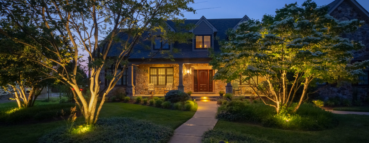 Outdoor living area illuminated after dark