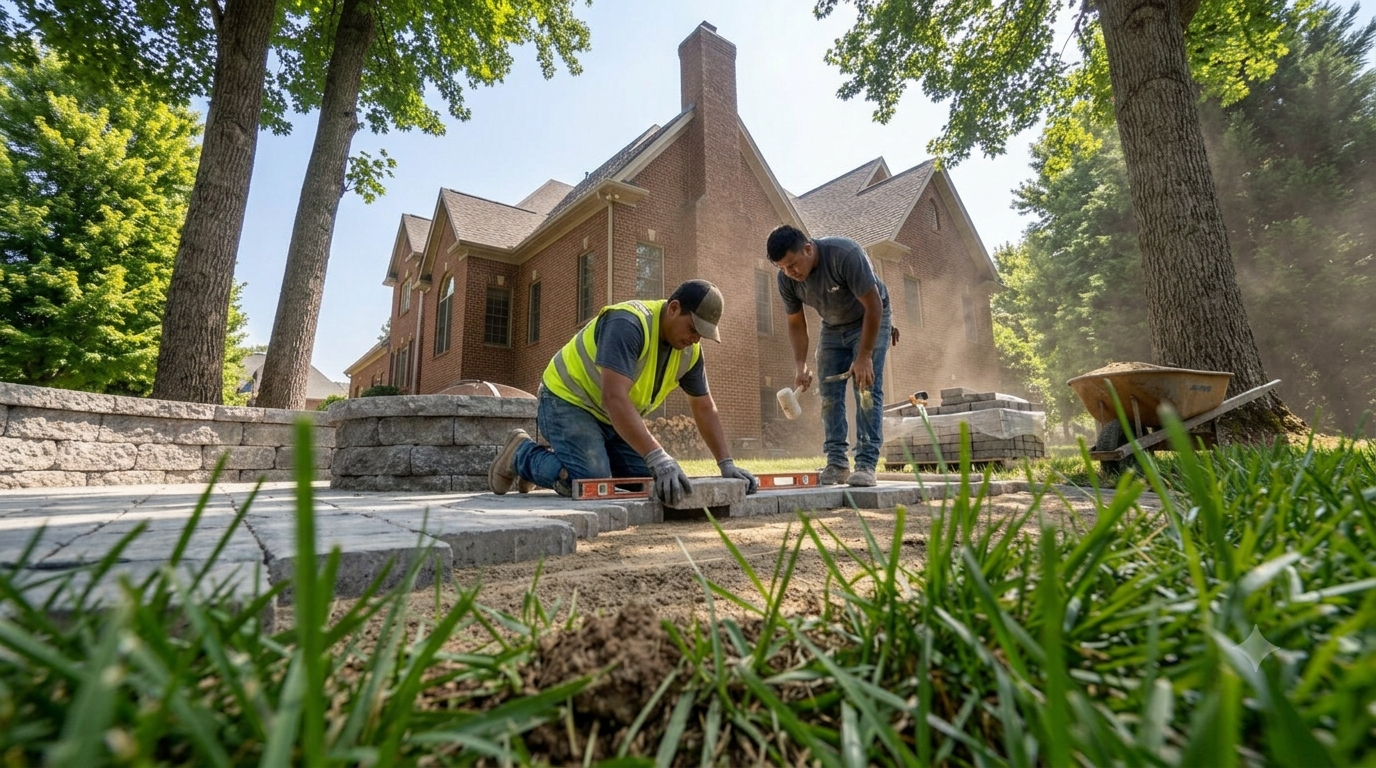 Paver installation crew preparing a patio base in Charlotte NC